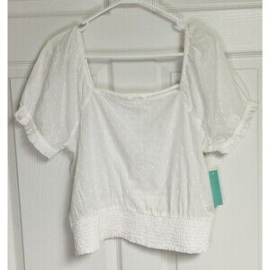 ABOUND Ruched  Off The Shoulder Top Womens L White Dotted Short Sleeve